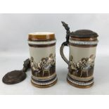 Pair of Mettlach, Villeroy and Boch Steins, with drinking scene, number 1146, with pewter lids.