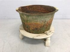 Metal butcher's boiling pot on wooden stand, approx diameter 60cm, height 55cm