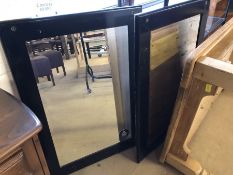 Pair of large black-framed bevel edged professional hairdressing mirrors, approx 107cm x 78cm each