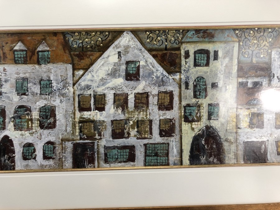 Large Framed Mixed media Art work depicting a European street scene signed Lower right approx 90 x - Image 3 of 7