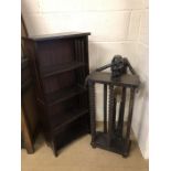 Carved wooden CD rack in tribal design and a small shelving unit suitable for DVDs, approx 92cm in