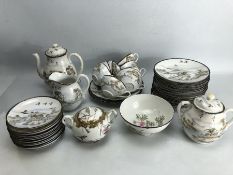 Part Chinese fine porcelain tea set with red Chinese marks to base decorated with birds and