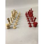 19th century turned and stained carved ivory and bone chess set, the tallest piece approx 7.5cm