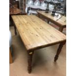 Pine kitchen farmhouse table with turned legs approx 180cm x 90cm x 78cm tall