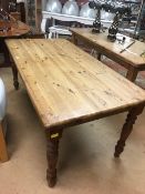 Pine kitchen farmhouse table with turned legs approx 180cm x 90cm x 78cm tall