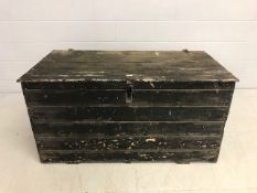Extra large black painted vintage wooden trunk with rope handles, approx 132cm x 67cm x 68cm tall