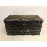 Extra large black painted vintage wooden trunk with rope handles, approx 132cm x 67cm x 68cm tall