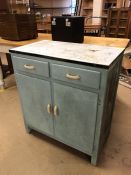 Retro tin-topped blue kitchen cabinet with two drawers and cupboard under