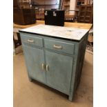 Retro tin-topped blue kitchen cabinet with two drawers and cupboard under