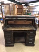 Lebus early 20th Century oak roll-top desk with eight drawers (A/F)