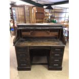 Lebus early 20th Century oak roll-top desk with eight drawers (A/F)