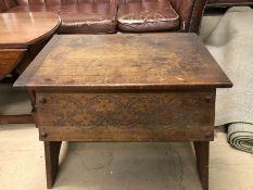 Low lidded bench with carved detailing, approx 60cm x 39cm x 52cm