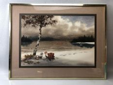 Pair of watercolours signed HADDOW depicting a snowy scene in a forest with wooden chairs (2)