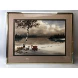 Pair of watercolours signed HADDOW depicting a snowy scene in a forest with wooden chairs (2)