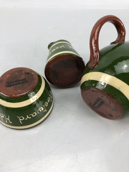 Small collection of Longpark Torquay pottery to include teapot, jug and sugar bowl, in green and - Image 5 of 5