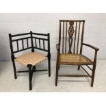 Two low chairs one of bobbin design the other with rush woven seat.