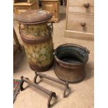 Metal ware to include painted milk churn, pair of boot scrapers and a copper fire pot
