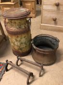 Metal ware to include painted milk churn, pair of boot scrapers and a copper fire pot