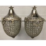 Pair of acorn chandeliers with silver coloured frames and glass beading. Approx 65cm in height