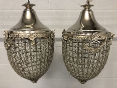 Pair of acorn chandeliers with silver coloured frames and glass beading. Approx 65cm in height