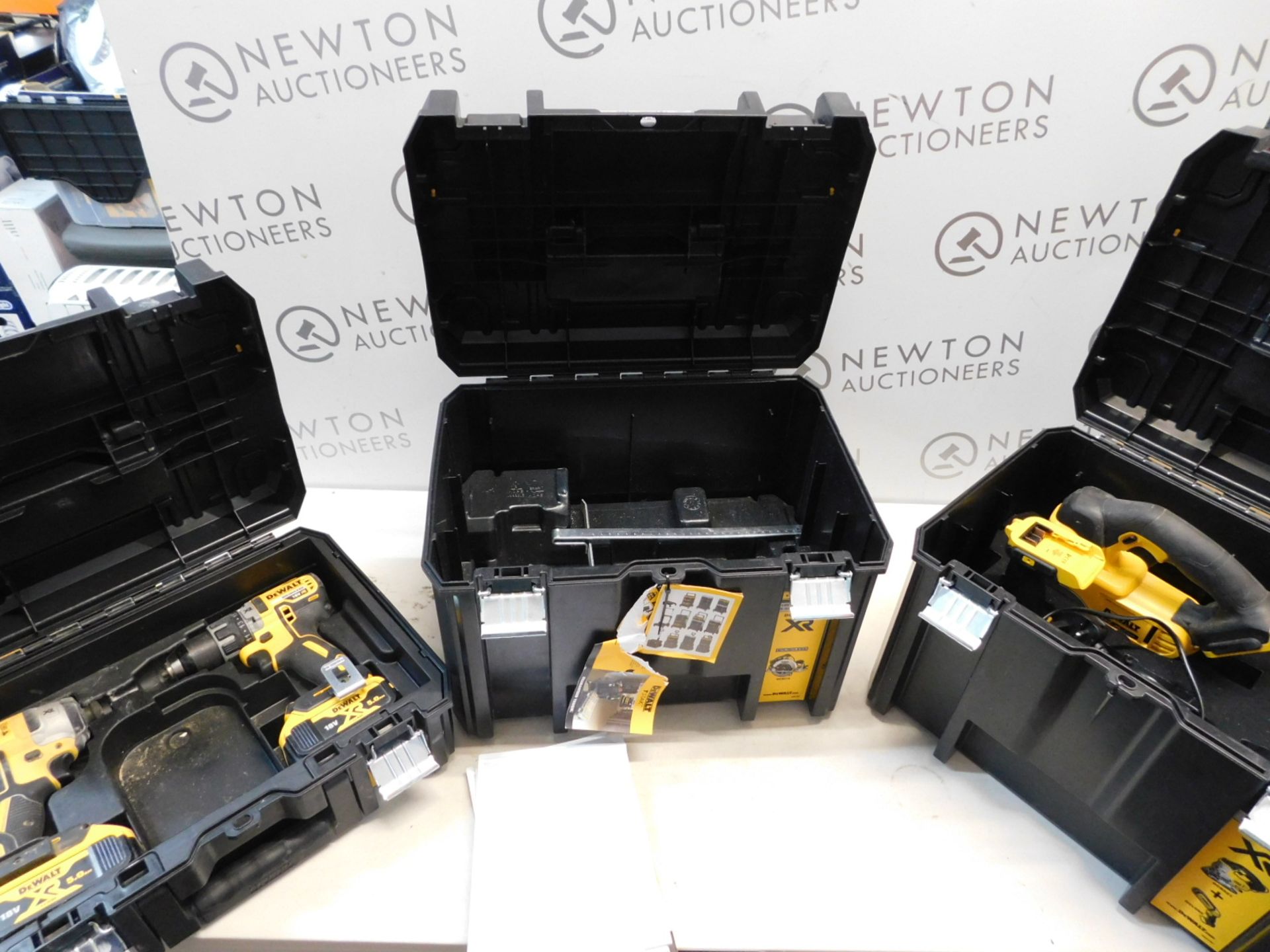 1 DEWALT 18V XR 5-PIECE POWERTOOL KIT INCLUDING; 2 TSTAK VI DEEP KIT BOX, TSTAK II KIT BOX, 18V XR