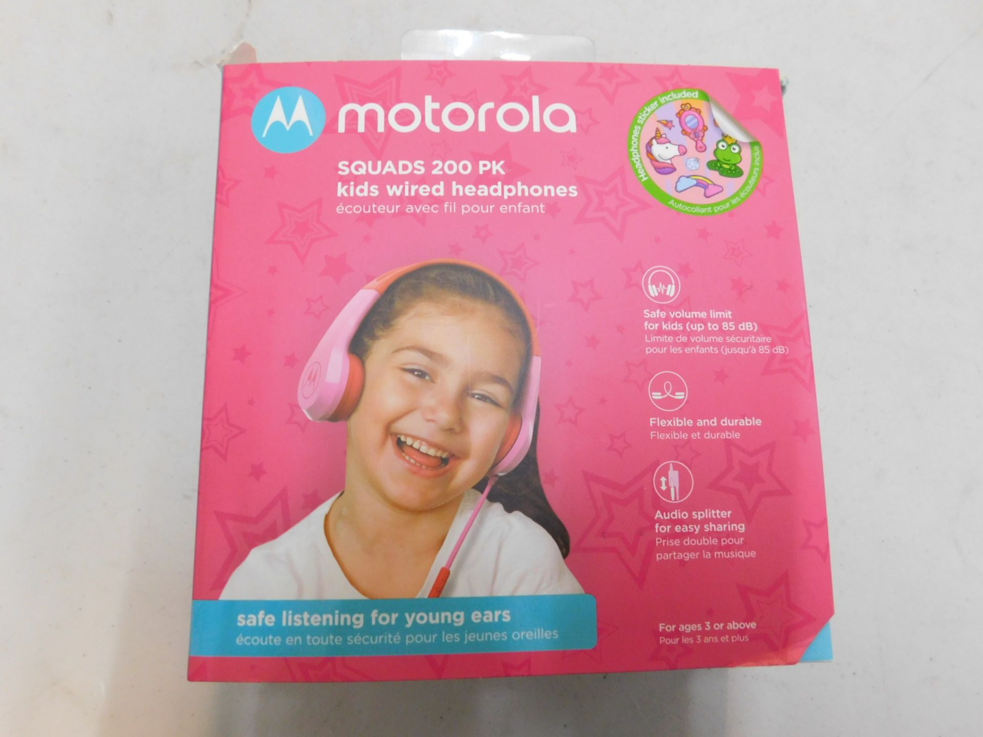 1 BOXED MOTOROLA SQUADS 200 PINK KIDS WIRED HEADPHONES RRP Â£19.99