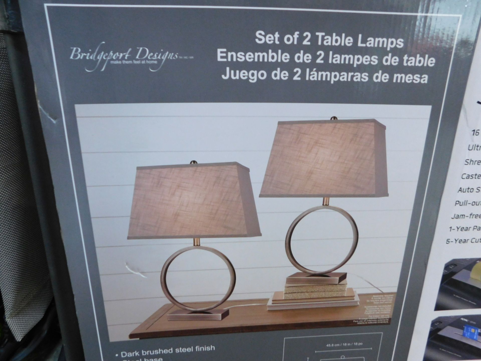 1 BOXED PAIR OF BRIDGEPORT DESIGNS BRUSHED STEEL HALO TABLE LAMPS RRP Â£119.99