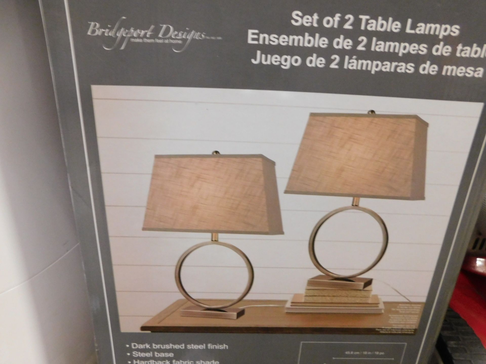 1 BOXED PAIR OF BRIDGEPORT DESIGNS BRUSHED STEEL HALO TABLE LAMPS RRP Â£119.99