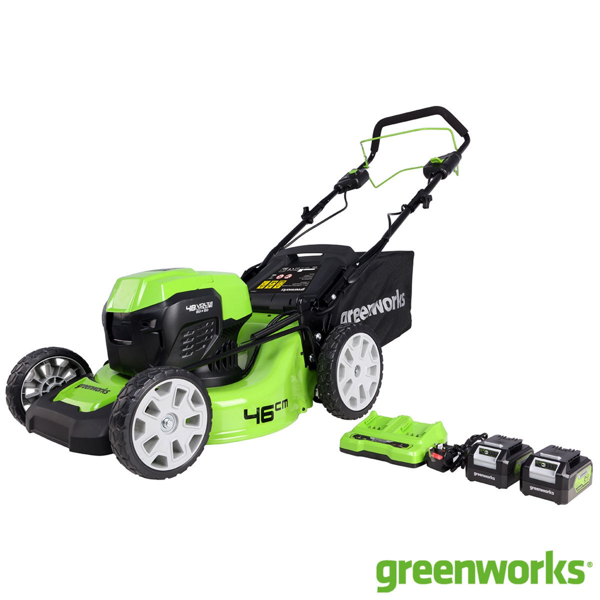 1 BOXED GREENWORKS 48V CORDLESS 46CM SELF PROPELLED LAWN MOWER WITH 2 BATTERIES RRP £429.99 (GENERI