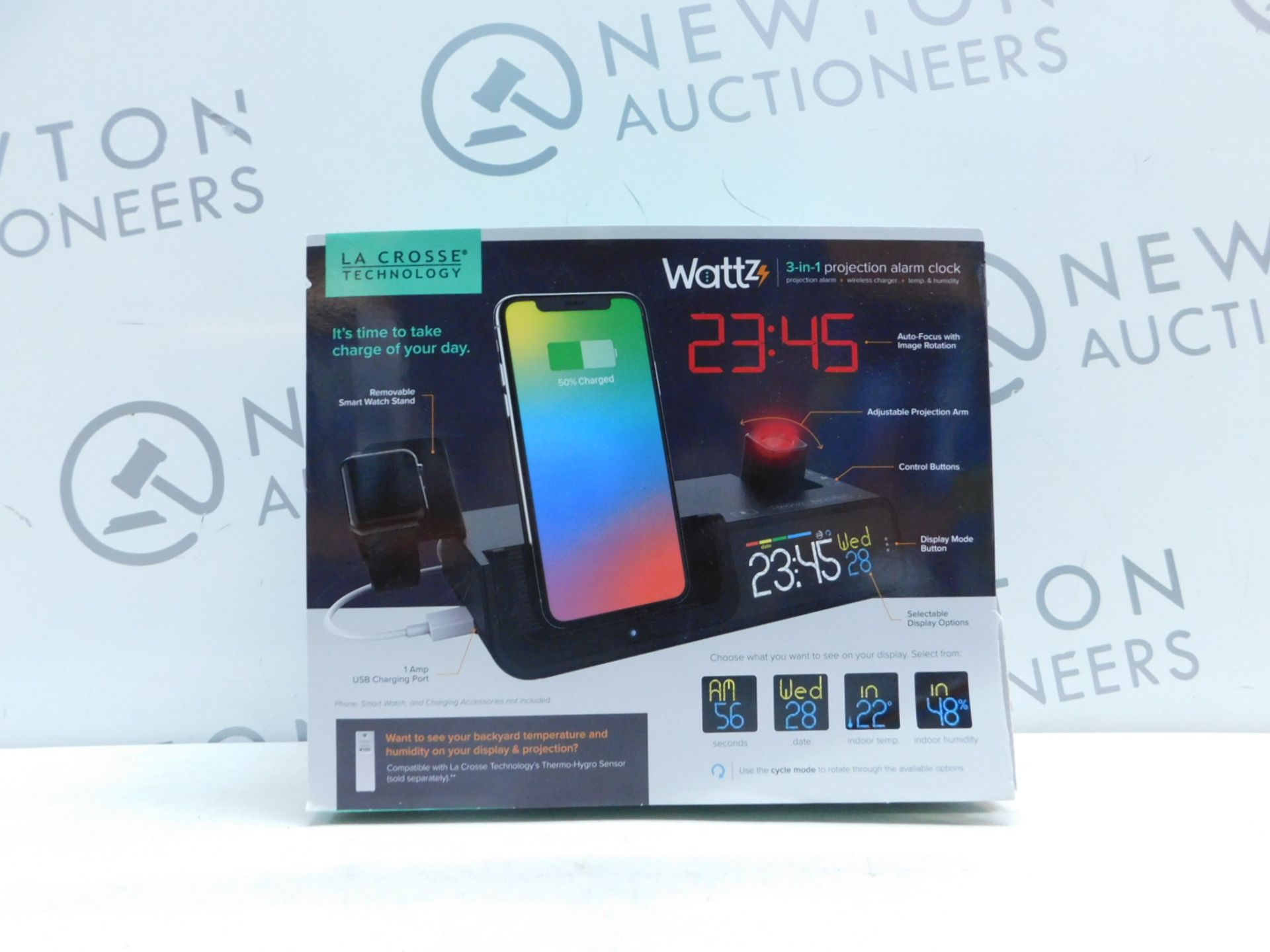 1 BOXED LA CROSSE TECHNOLOGY WATTZ 3-IN-1 WIRELESS CHARGING PROJECTION ALARM CLOCK RRP Â£64.99