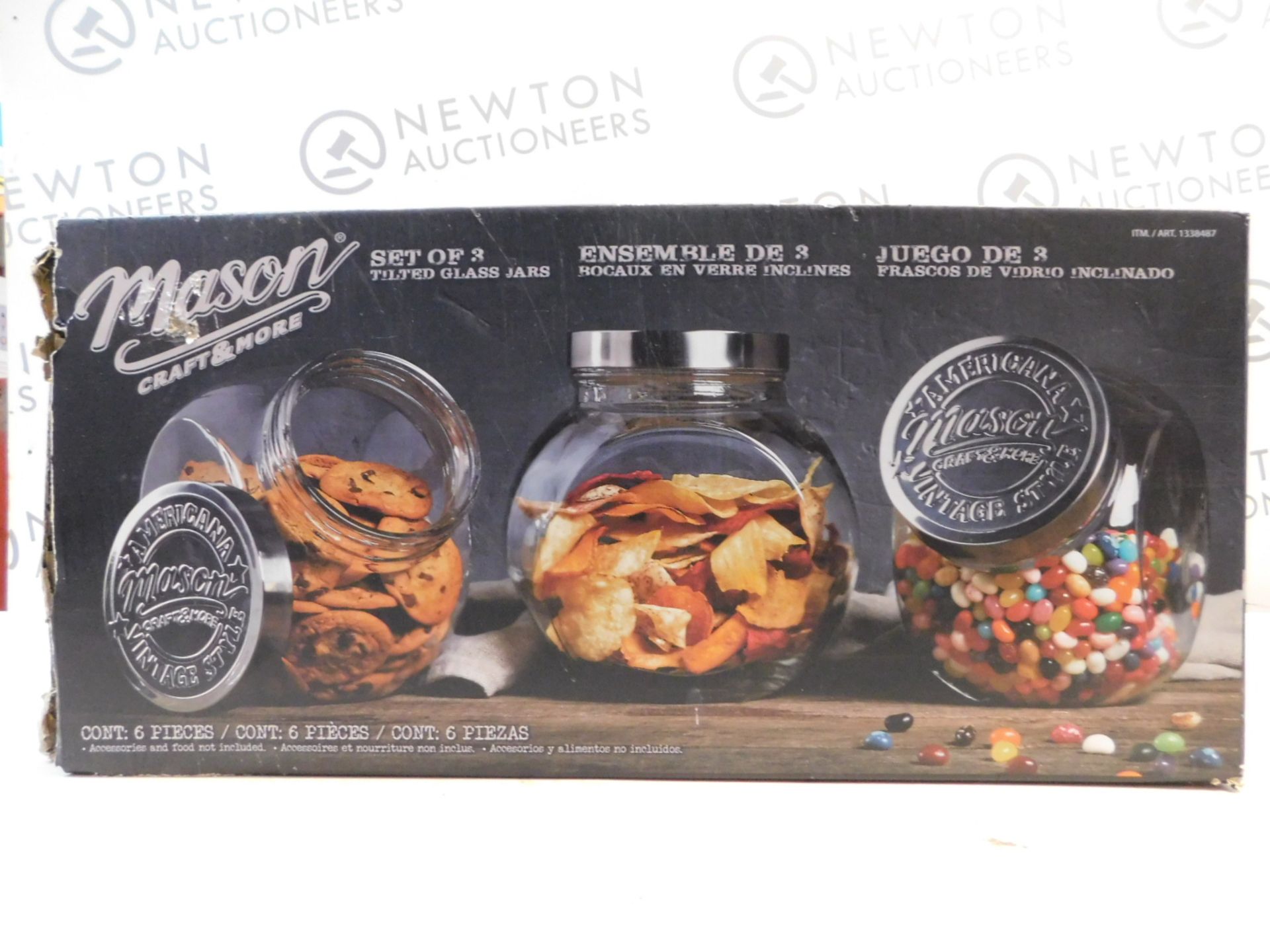 1 BOXED 3PC AMERICANA MASON CRAFT & MORE VINTAGE STYLE TILTED GLASS JARS SET RRP Â£49.99