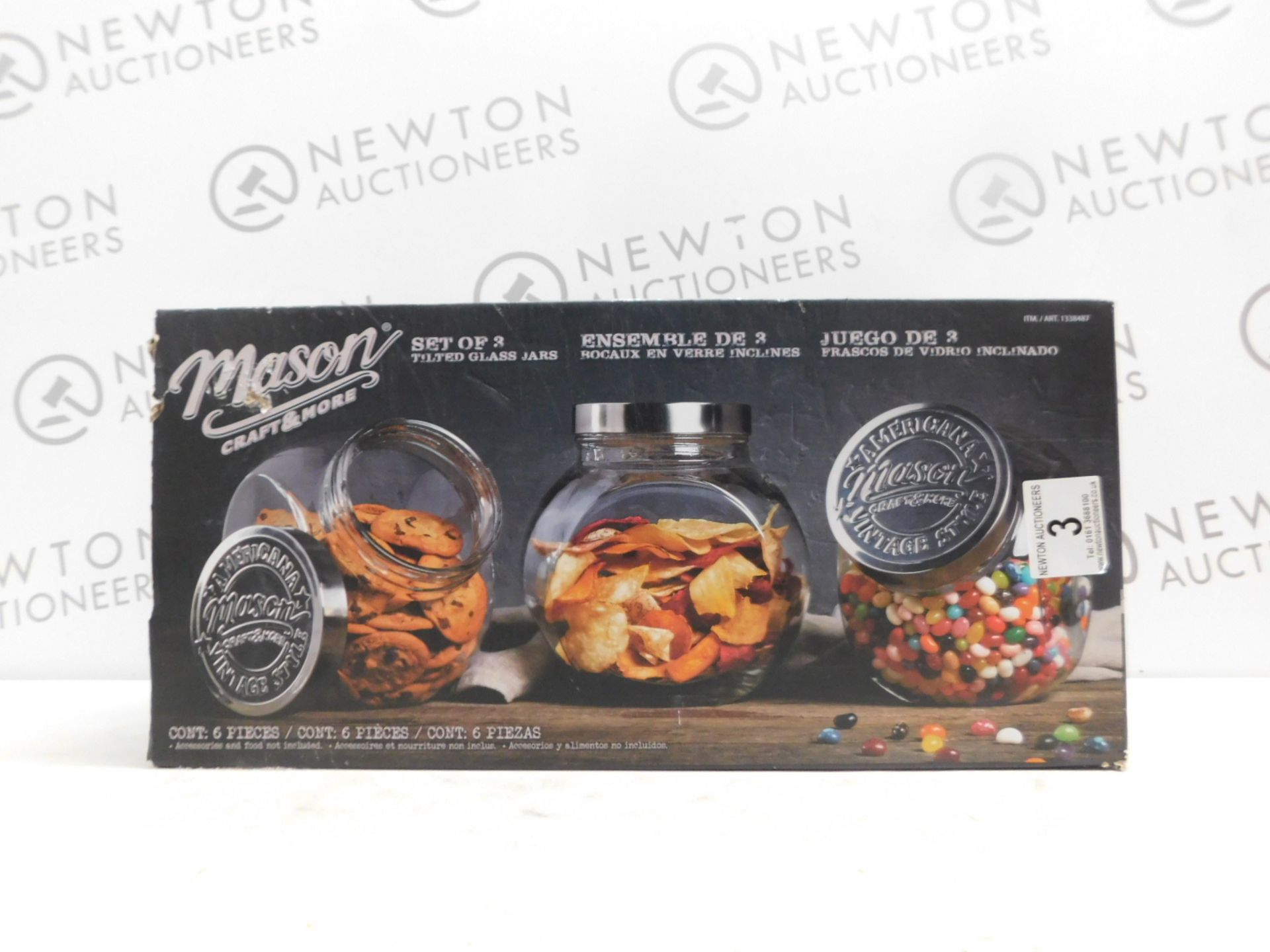 1 BOXED 3PC AMERICANA MASON CRAFT & MORE VINTAGE STYLE TILTED GLASS JARS SET RRP Â£49.99