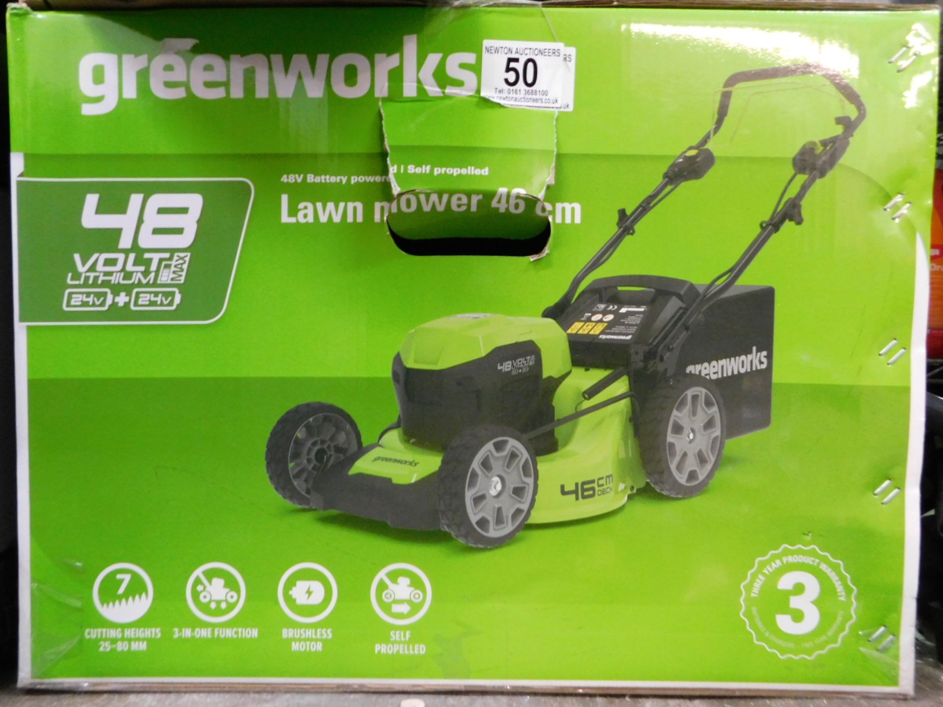 1 BOXED GREENWORKS 48V CORDLESS 46CM SELF PROPELLED LAWN MOWER RRP Â£429.99