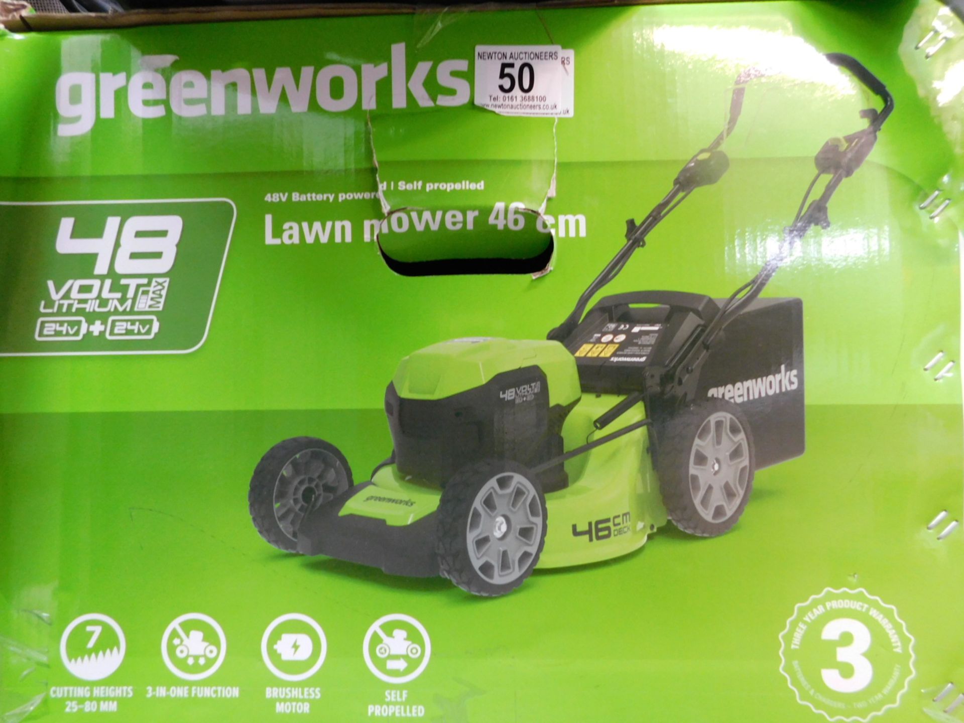 1 BOXED GREENWORKS 48V CORDLESS 46CM SELF PROPELLED LAWN MOWER RRP Â£429.99