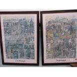 Pair of ebony framed coloured prints of the city of Edinburgh