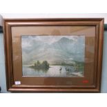 Gilt framed coloured print of Deer drinking from moorland lake after Charles Stuart