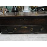 Early oak rectangular storage cabinet with fall top fitted single drawer with brass drop handles
