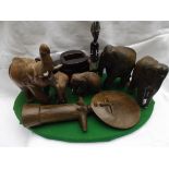 Selection of animal carvings etc. incl. 6 elephants, carved wand etc.