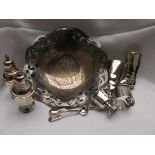 Magpie lot of a pierced silver plated bon-bon dish, pair of wellington boot vases,