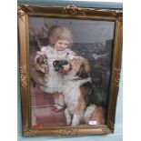 Gilt framed Pears print of a young girl with mother dog and puppies