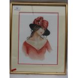 Gilt framed cross stitch print of a bonneted young lady
