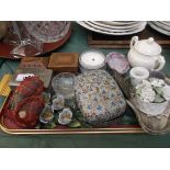 Tray of miniature paper maché and wooden trinket boxes etc