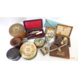 Magpie lot of small boxes and contents, powder compact, needlework set etc.