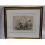 Gilt framed coloured print of a pair of spaniels flushing a cock pheasant