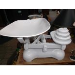 Large white painted set of scales and weights incl.