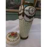 Early cylindrical vase decorated coloured floral garlands (13" high) and a lidded Queen Mother bone