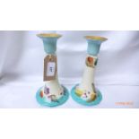 Hand painted pair of turquoise and gilt Limoges candlesticks decorated cherries and foilage