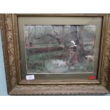 Gilt framed print of a shepherdess with a suitor on horseback looking on