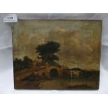 Unframed and unsigned oil of cattle drinking from river beside bridge