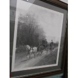 Framed black and white print of a double horse and trap on forest side track